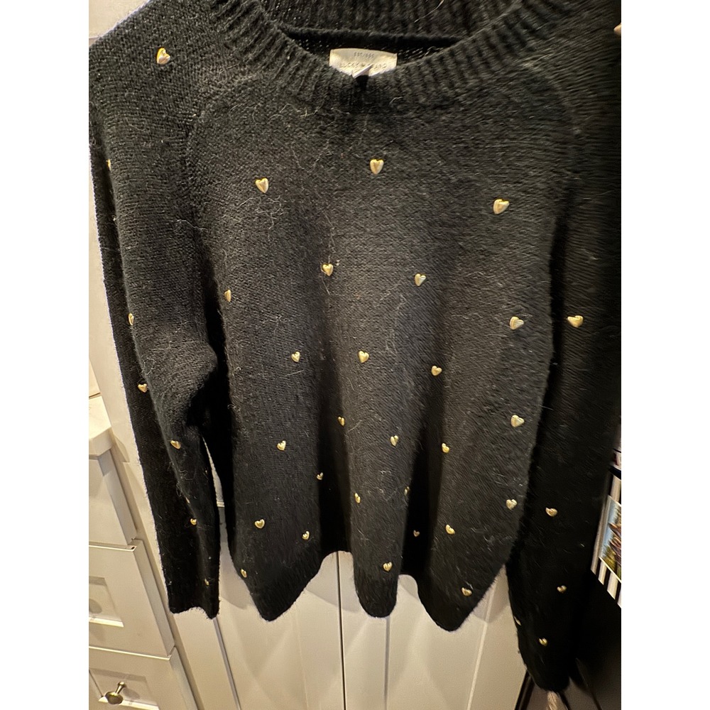 Lucky Brand Womens Black‎ Knit Sweater Gold Heart Studded Pullover Medium